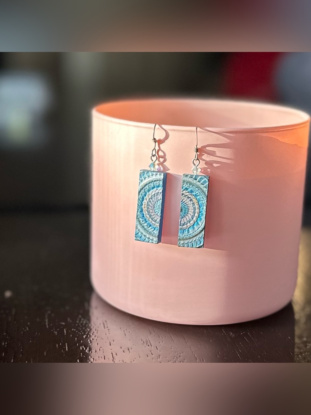 Handcrafted Painted Wood Blue Metallic Geometric Dangle Earrings